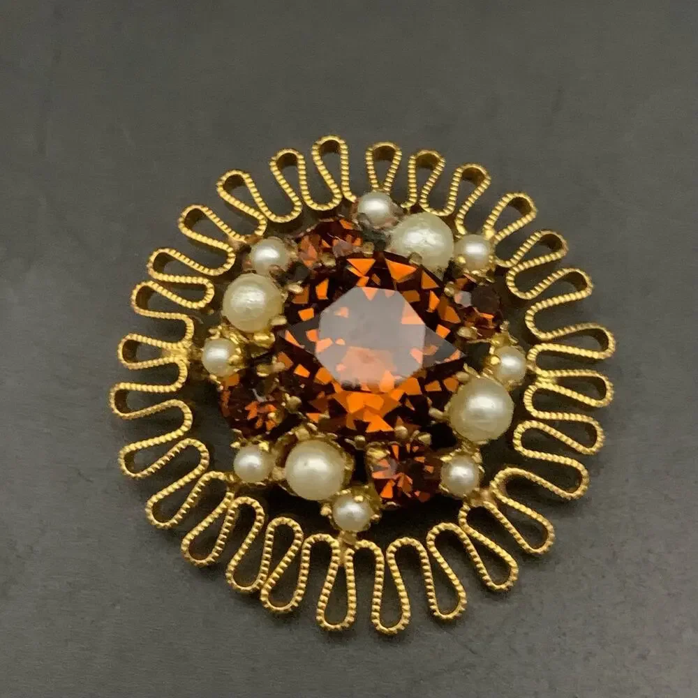Vintage Austrian Crystal Brooch Pin Made In Austria Smokey Amber Brown Crystal